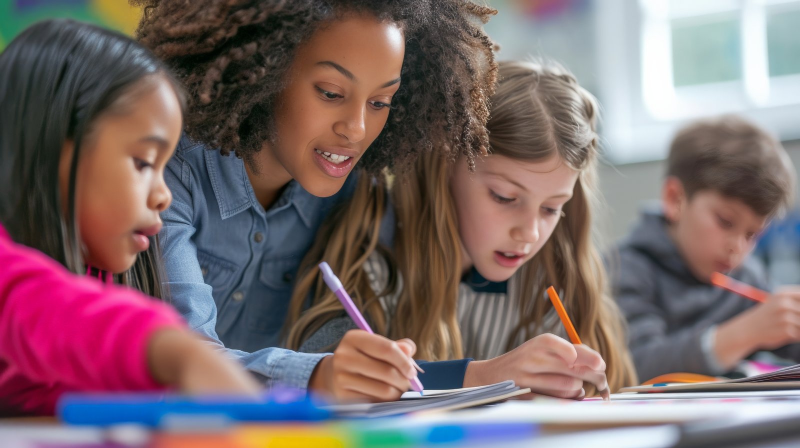 Primary-age children learning together in a small group with tutor support